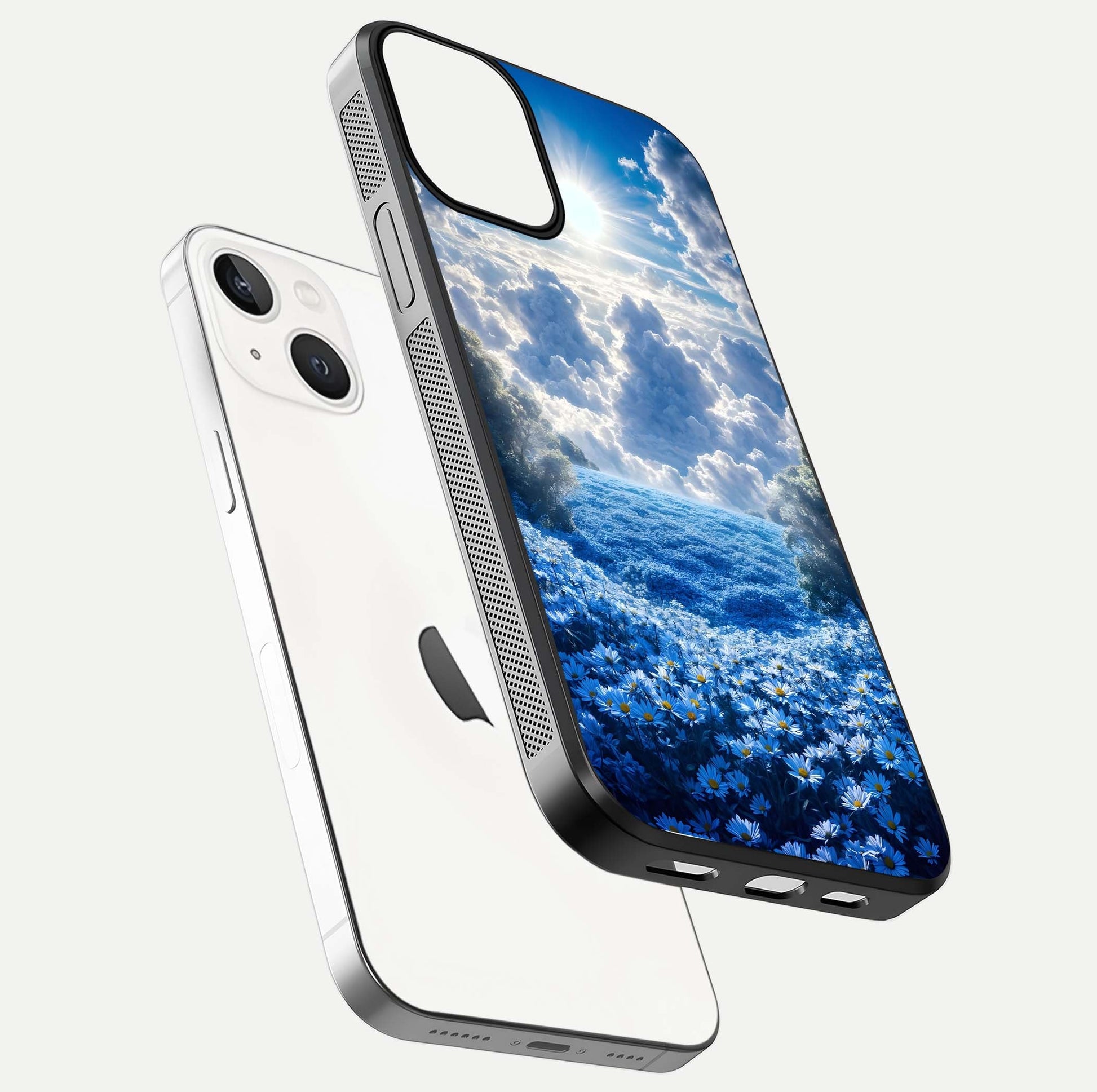 Heavenly Daisy Horizon Glass Case for iPhone 13 Mini floating dual-view mockup showing gloss polish and soft pastel background