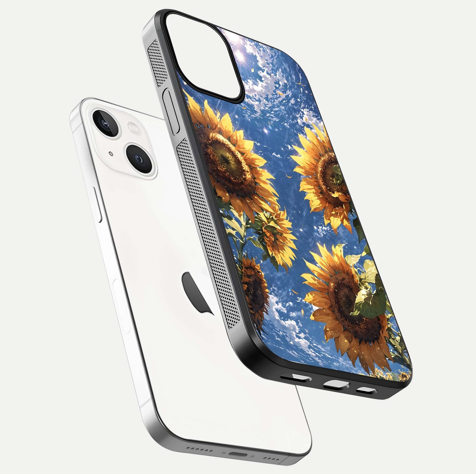 Heavenly Sunflower Rise Glass Case for iPhone 13 Mini floating dual-view mockup showing gloss brightness and morning-light feel