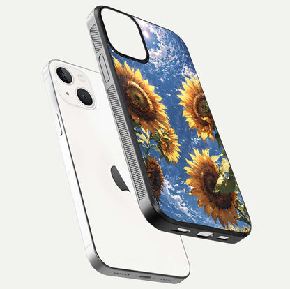 Heavenly Sunflower Rise Glass Case for iPhone 13 Mini floating dual-view mockup showing gloss brightness and morning-light feel
