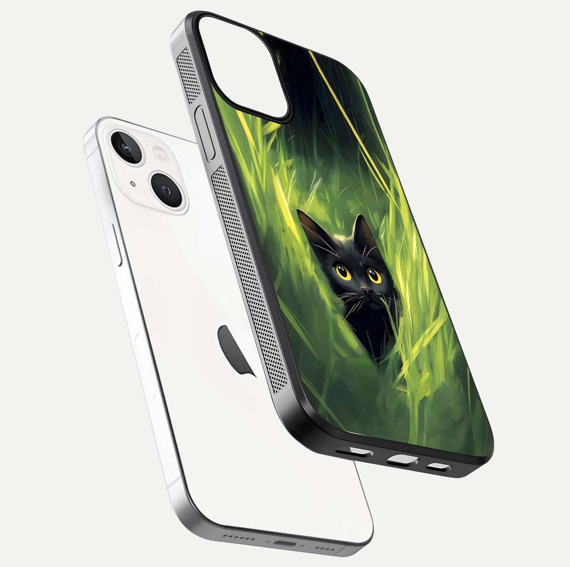 Hidden Cat Whisper Glass Case for iPhone 13 Mini floating dual-view mockup showing glossy tone and elegant cat silhouette