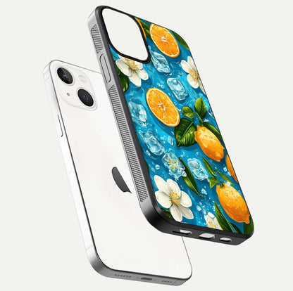 Ice Cube With Orange Glass Case for iPhone 13 Mini floating dual-view mockup showing glossy shine and cool refreshing tone