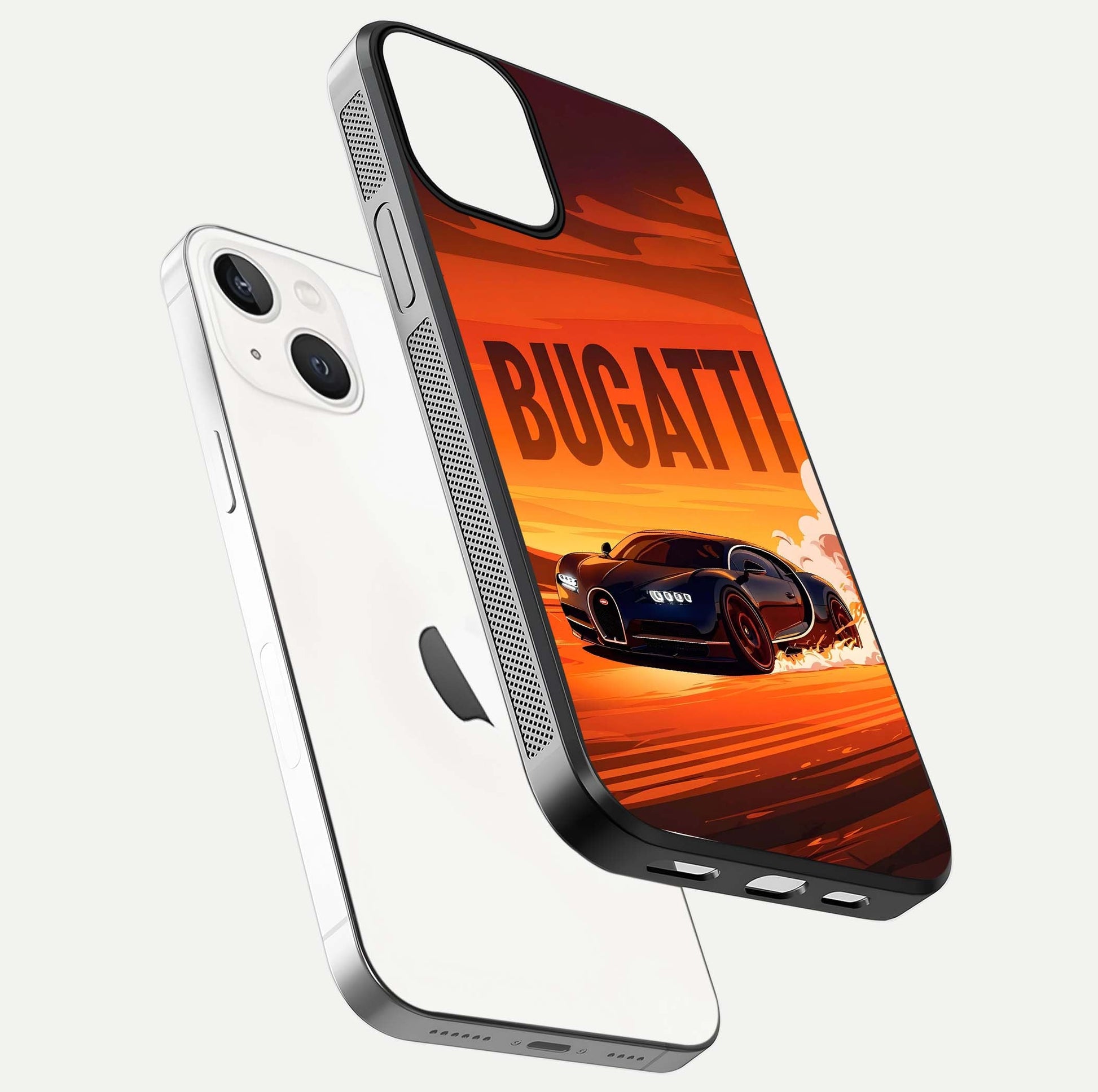 Inferno Bugatti Storm Glass Case for iPhone 13 Mini floating dual-view mockup showing gloss surface and racing energy