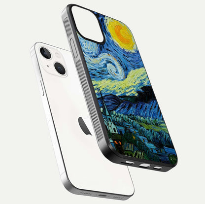 Inspired Van Gogh Art Glass Case for iPhone 13 Mini floating dual-view mockup showing gloss depth and artistic reflection
