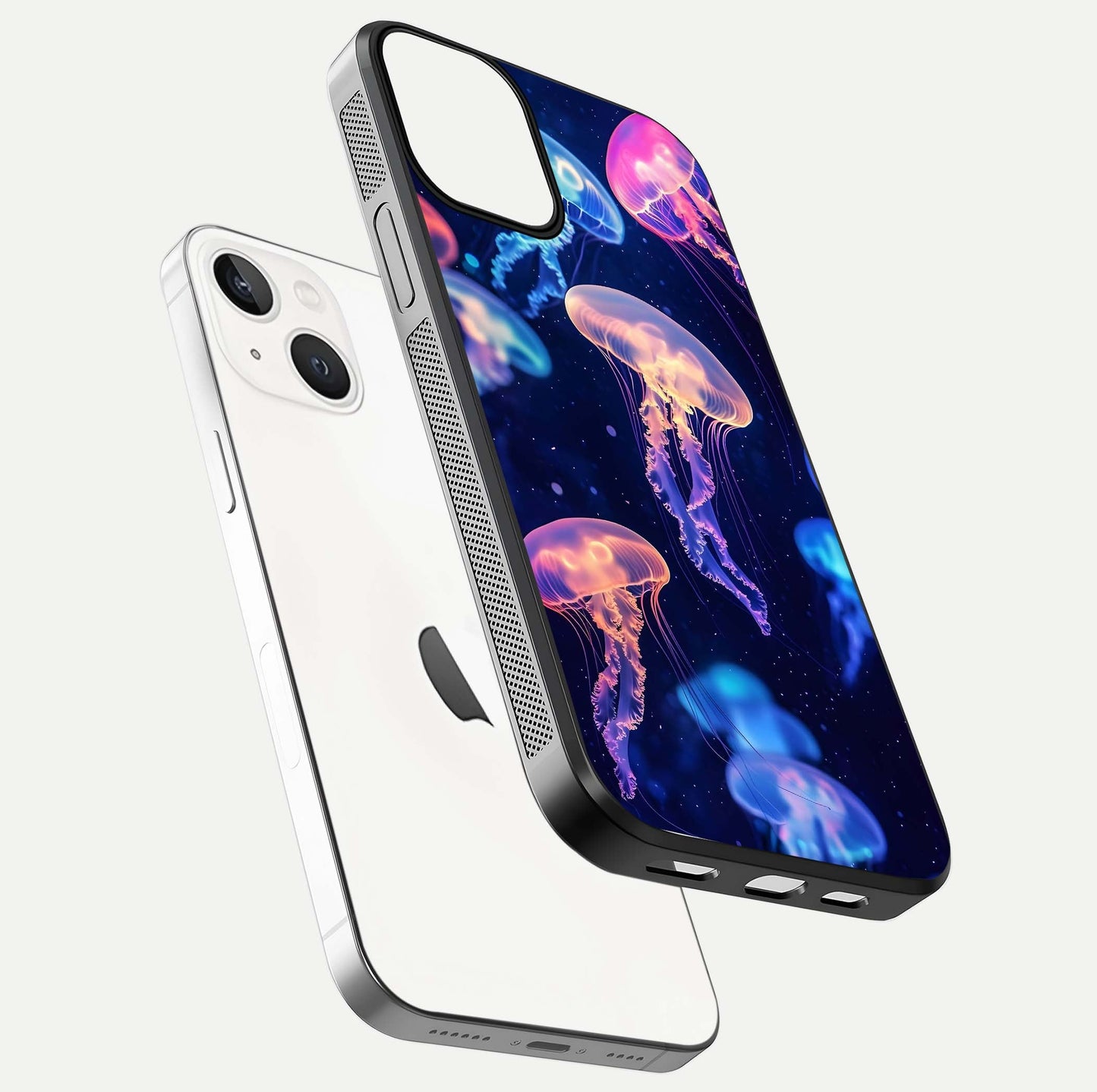 Jellyfish Pattern Glass Case for iPhone 13 Mini floating dual-view mockup showing gloss texture and oceanic depth