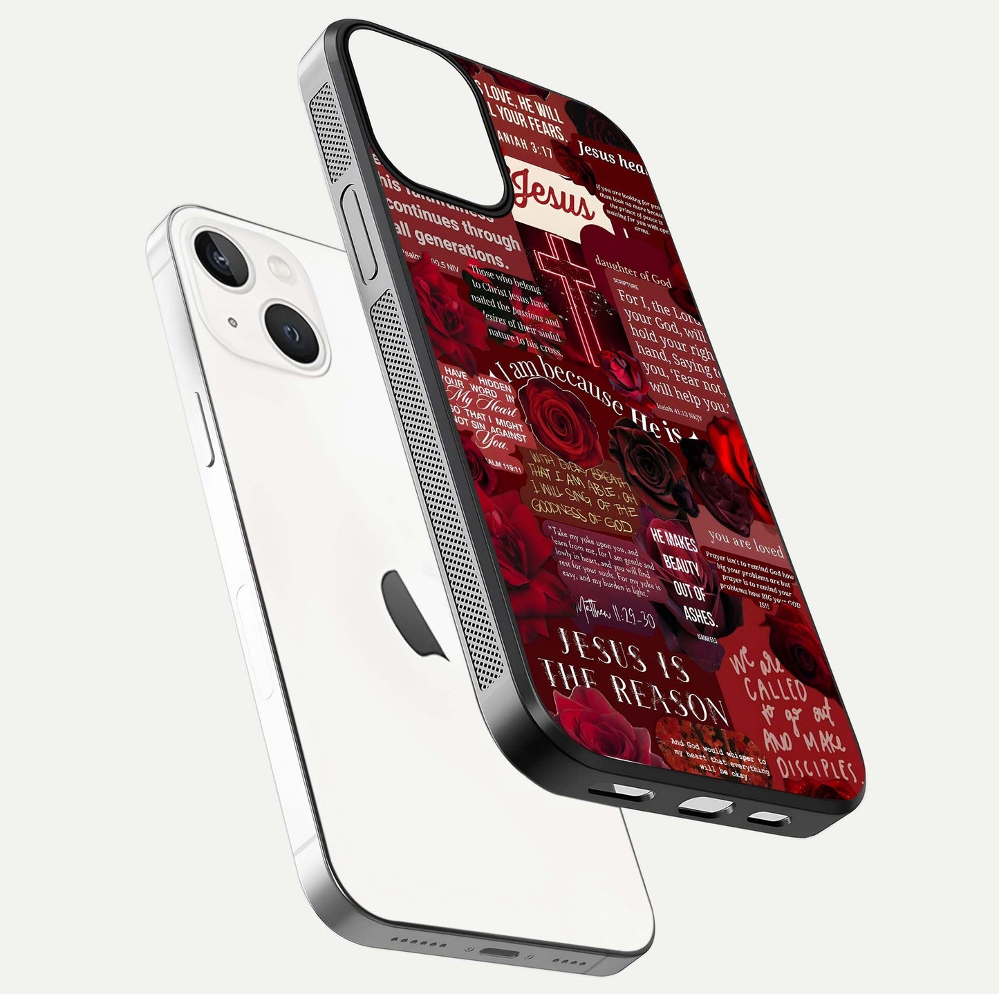 Jesus Love Heals Glass Case for iPhone 13 Mini floating dual-view mockup showing glossy shine and faith-inspired art