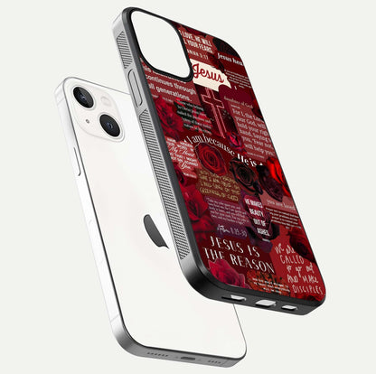 Jesus Love Heals Glass Case for iPhone 13 Mini floating dual-view mockup showing glossy shine and faith-inspired art