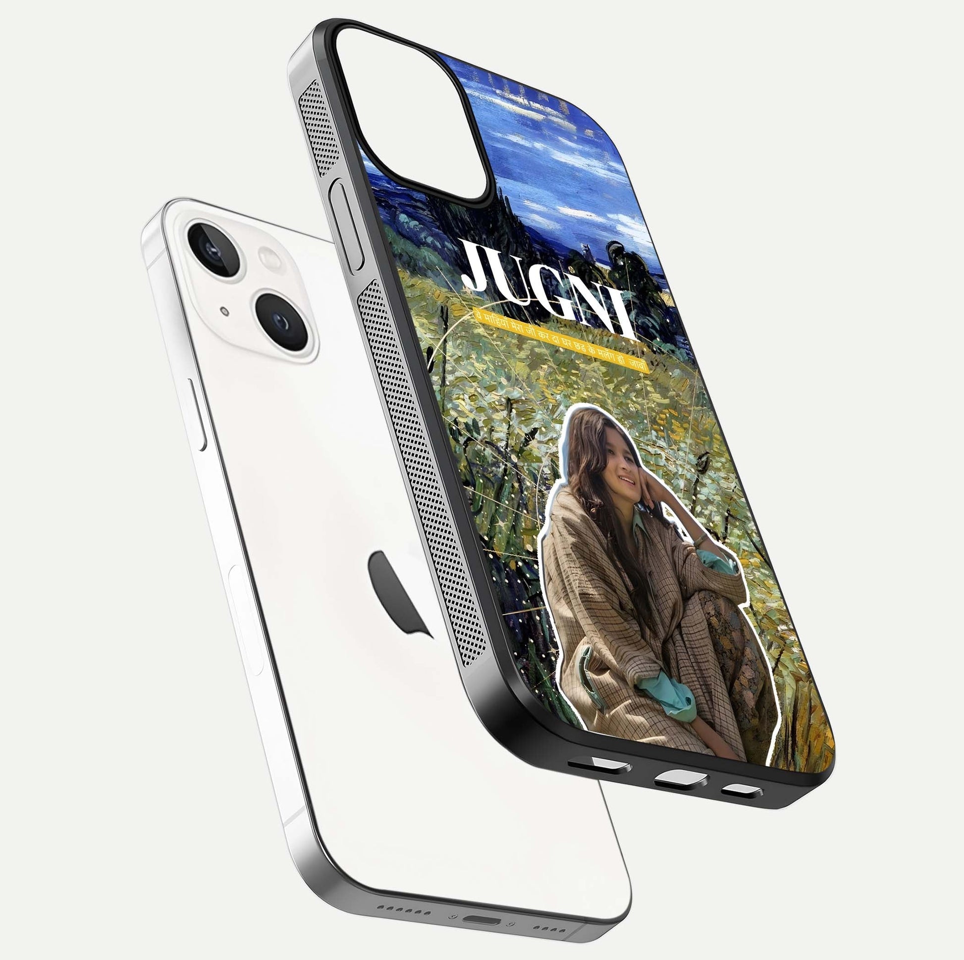 Jugni Soul Vibes Glass Case for iPhone 13 Mini floating dual-view mockup showing gloss surface and vivid design style