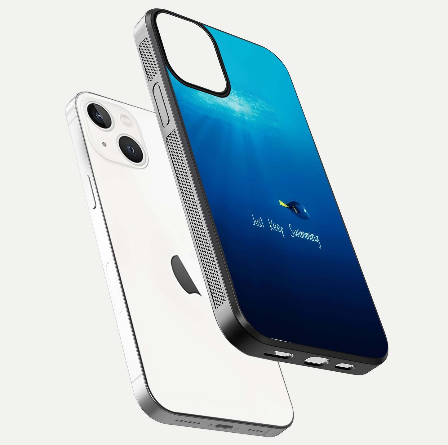 Just Keep Swimming Glass Case for iPhone 13 Mini floating dual-view mockup showing gloss brightness and wave motif