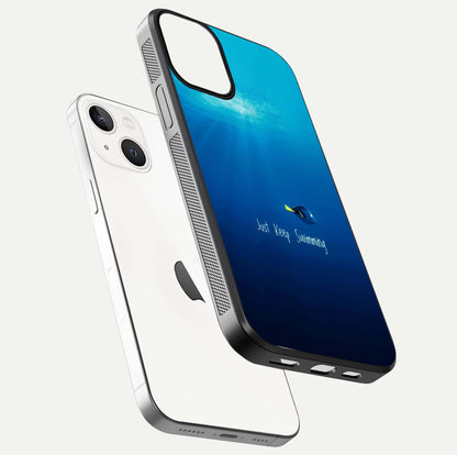 Just Keep Swimming Glass Case for iPhone 13 Mini floating dual-view mockup showing gloss brightness and wave motif