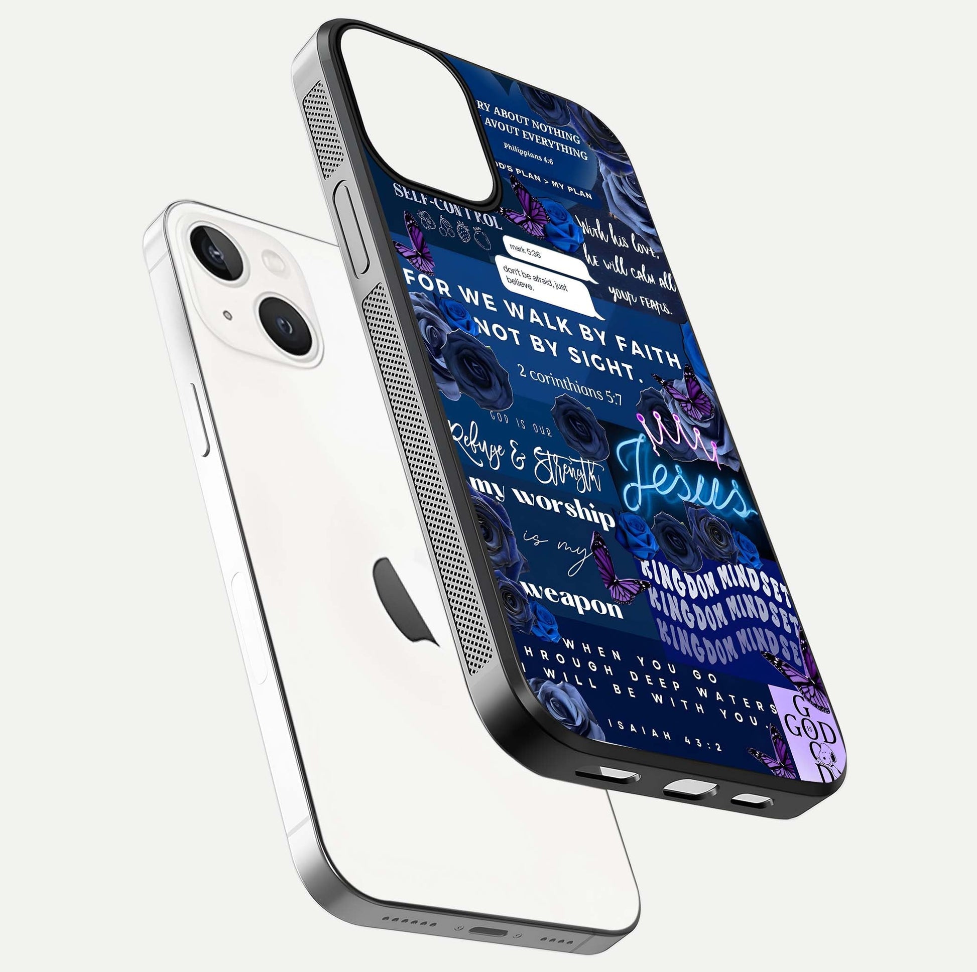 Kingdom Faith Glow Glass Case for iPhone 13 Mini floating dual-view mockup showing premium gloss and golden aura