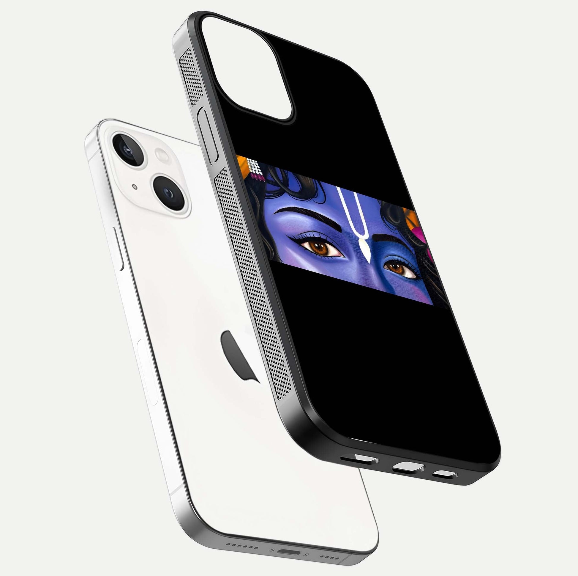 Krishna Eye Glass Case for iPhone 13 Mini floating dual-view mockup showing gloss surface and divine art depth