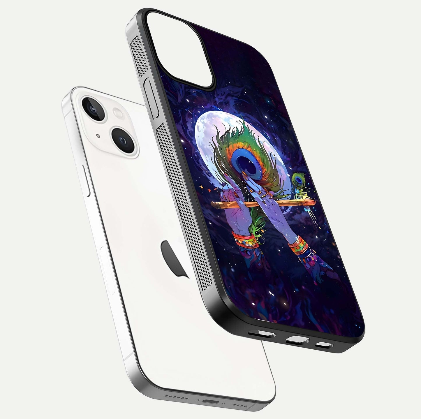 Krishna Hands Art Glass Case for iPhone 13 Mini floating dual-view mockup showing premium gloss reflection