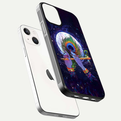 Krishna Hands Art Glass Case for iPhone 13 Mini floating dual-view mockup showing premium gloss reflection
