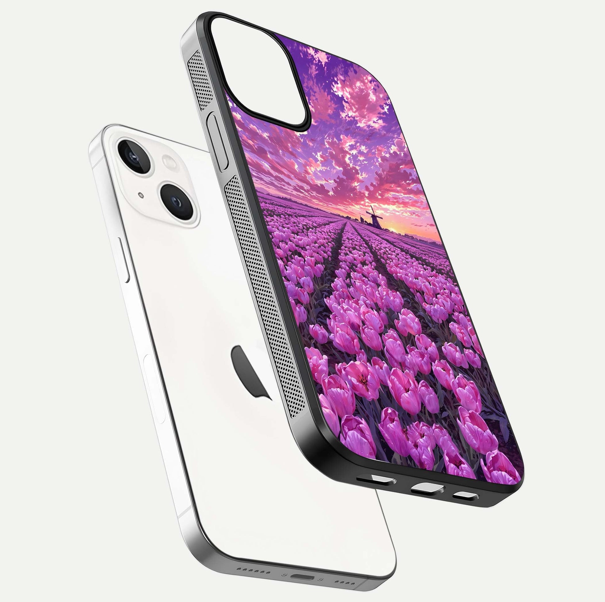 Lavender Dream Skies Glass Case for iPhone 13 Mini floating dual-view mockup showing gloss polish and pastel design