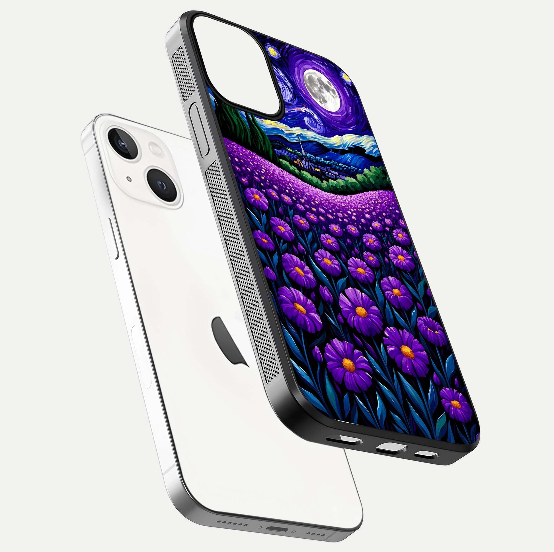 Lavender Moon Field Glass Case for iPhone 13 Mini floating dual-view mockup showing gloss surface and floral glow