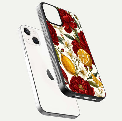 Lemon Rose Charm Glass Case for iPhone 13 Mini floating dual-view mockup showing gloss polish and floral gradient