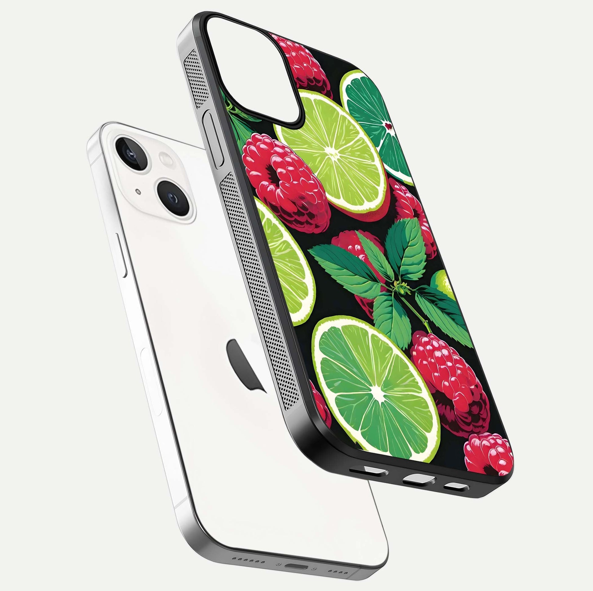 Lime and Raspberry Pattern Glass Case for iPhone 13 Mini floating dual-view showing HD gloss and vivid print