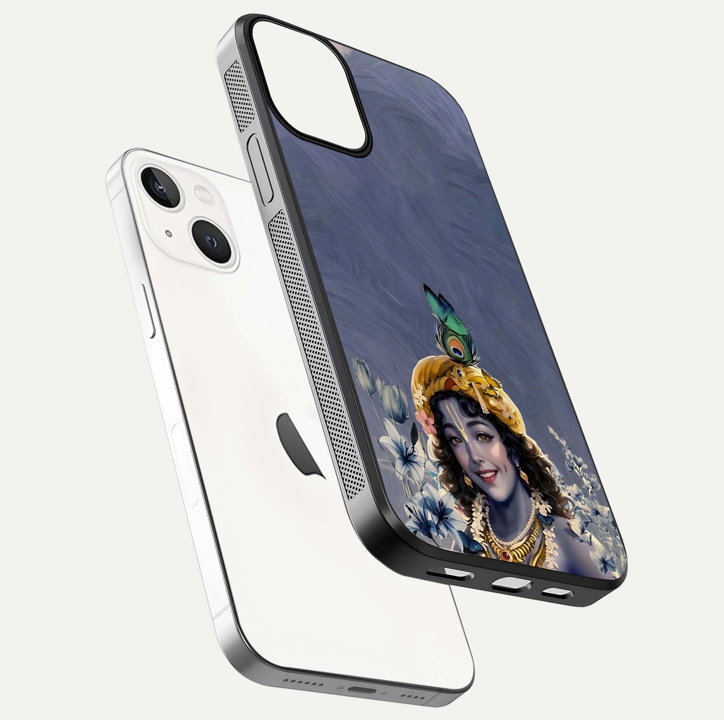 Lord Krishna Glass Case for iPhone 13 Mini floating dual-view showing glossy shine and divine artistic pattern
