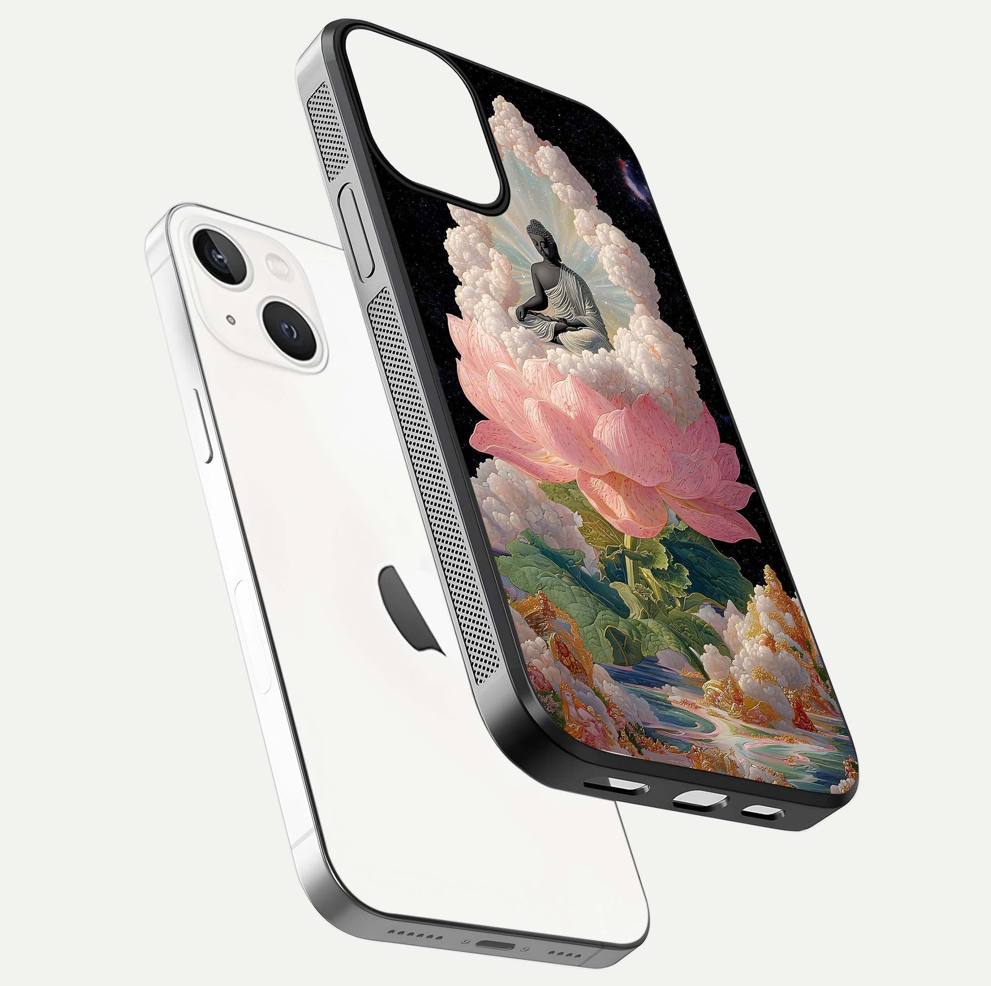 Lotus Divine Peace Glass Case for iPhone 13 Mini floating dual-view mockup with glass glow and spiritual calm art