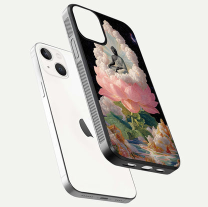 Lotus Divine Peace Glass Case for iPhone 13 Mini floating dual-view mockup with glass glow and spiritual calm art