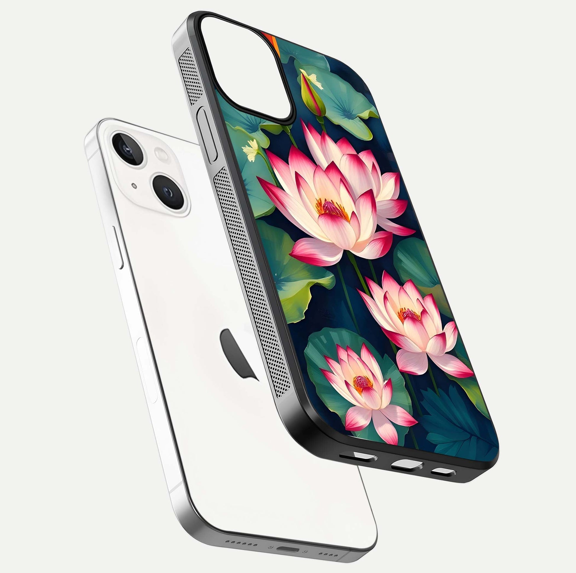Lotus Dream Serenity Glass Case for iPhone 13 Mini floating dual-view mockup highlighting HD gloss glow
