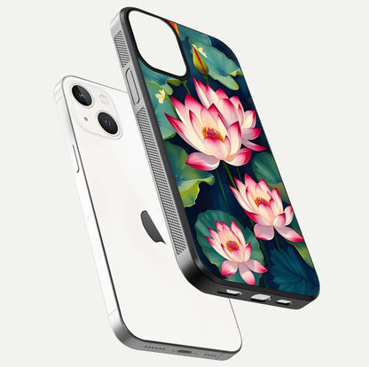 Lotus Dream Serenity Glass Case for iPhone 13 Mini floating dual-view mockup highlighting HD gloss glow