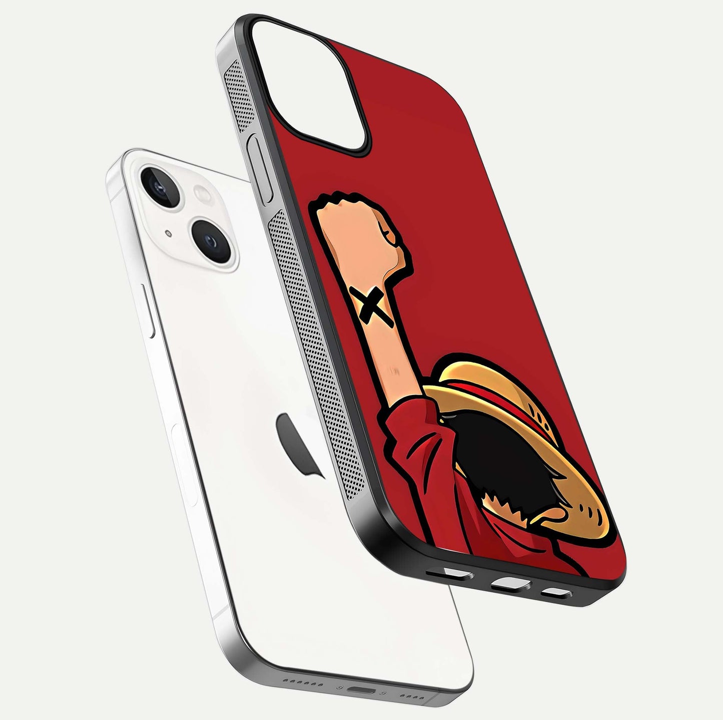 Luffy X Spirit Glass Case for iPhone 13 Mini floating dual-view mockup showing gloss polish and vibrant color depth