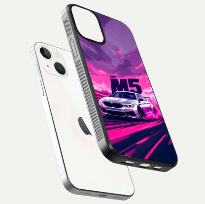 MS Neon Car Glass Case for iPhone 13 Mini floating dual-view mockup showing HD gloss and electric color tones