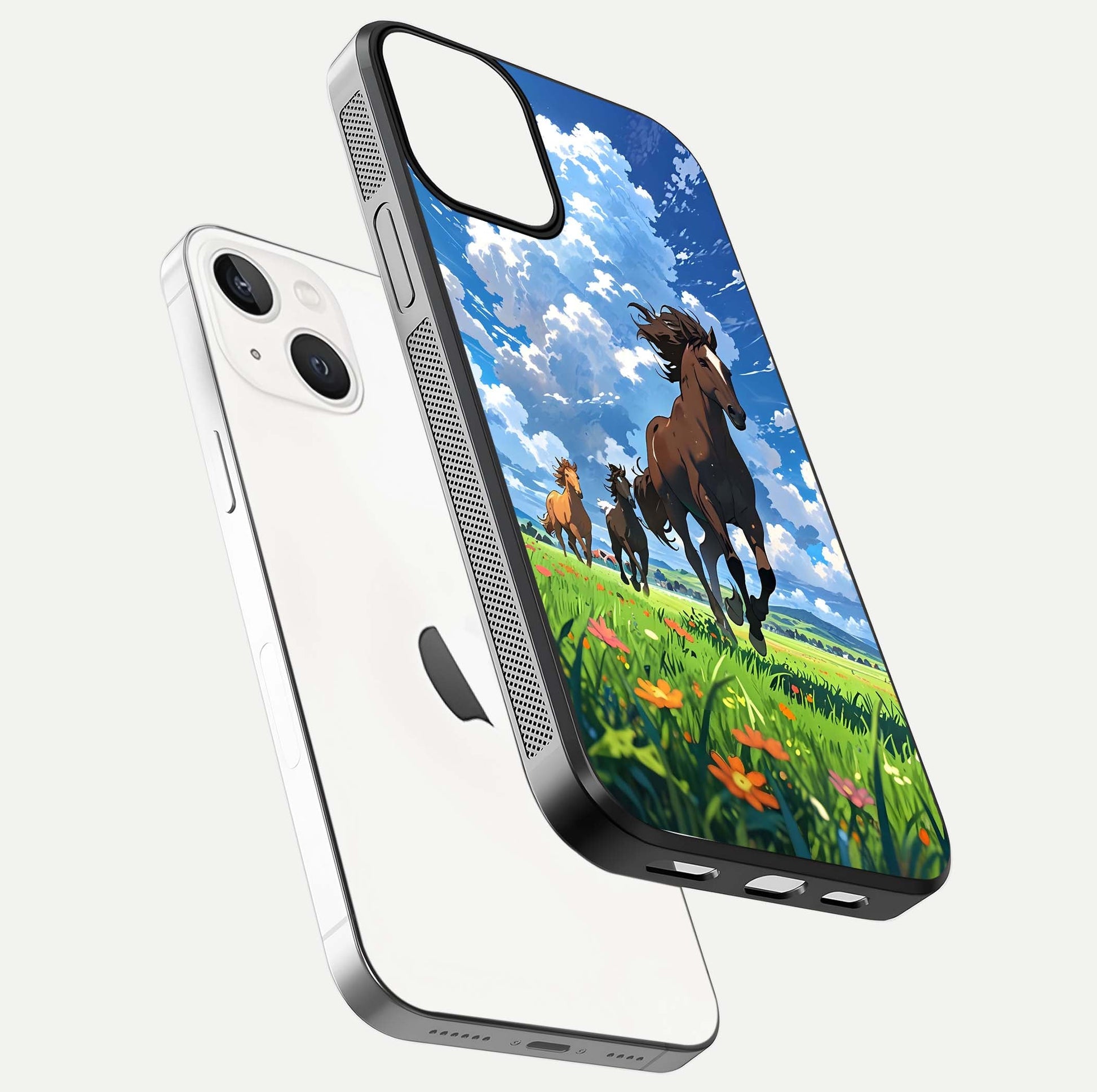 Majestic Horses Galloping Glass Case for iPhone 13 Mini floating dual-view mockup showing gloss texture and vivid tones