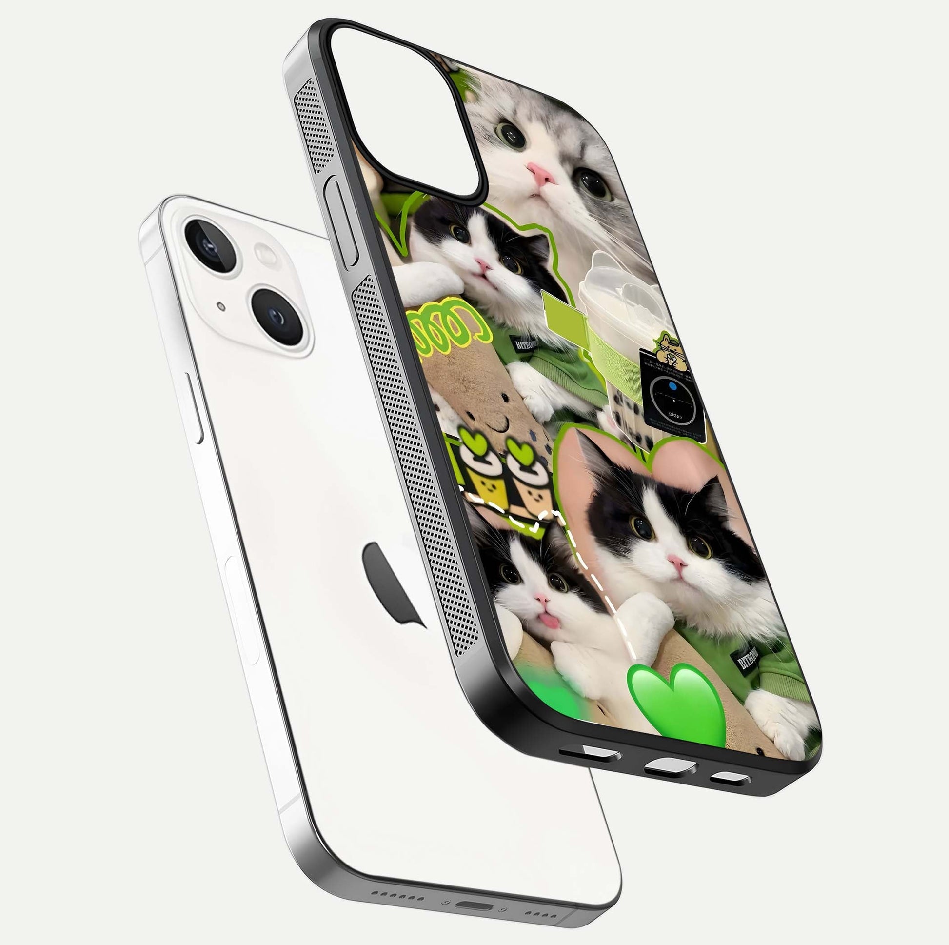 Matcha Cats Mood Glass Case for iPhone 13 Mini floating dual-view mockup showing HD gloss surface and soft tones