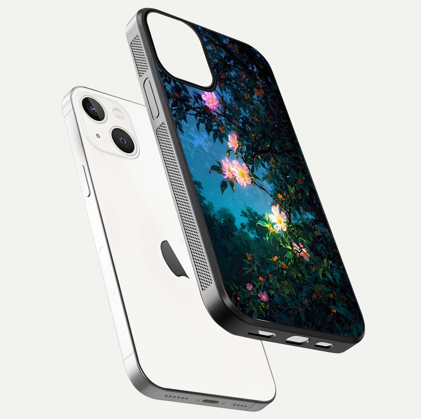 Midnight Bloom Glow Glass Case for iPhone 13 Mini floating dual-view mockup showing HD gloss and floral contrast