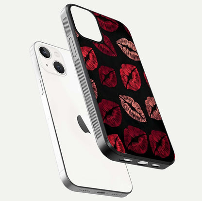 Midnight Kiss Love Glass Case for iPhone 13 Mini floating dual-view mockup showing HD gloss and elegant edge design