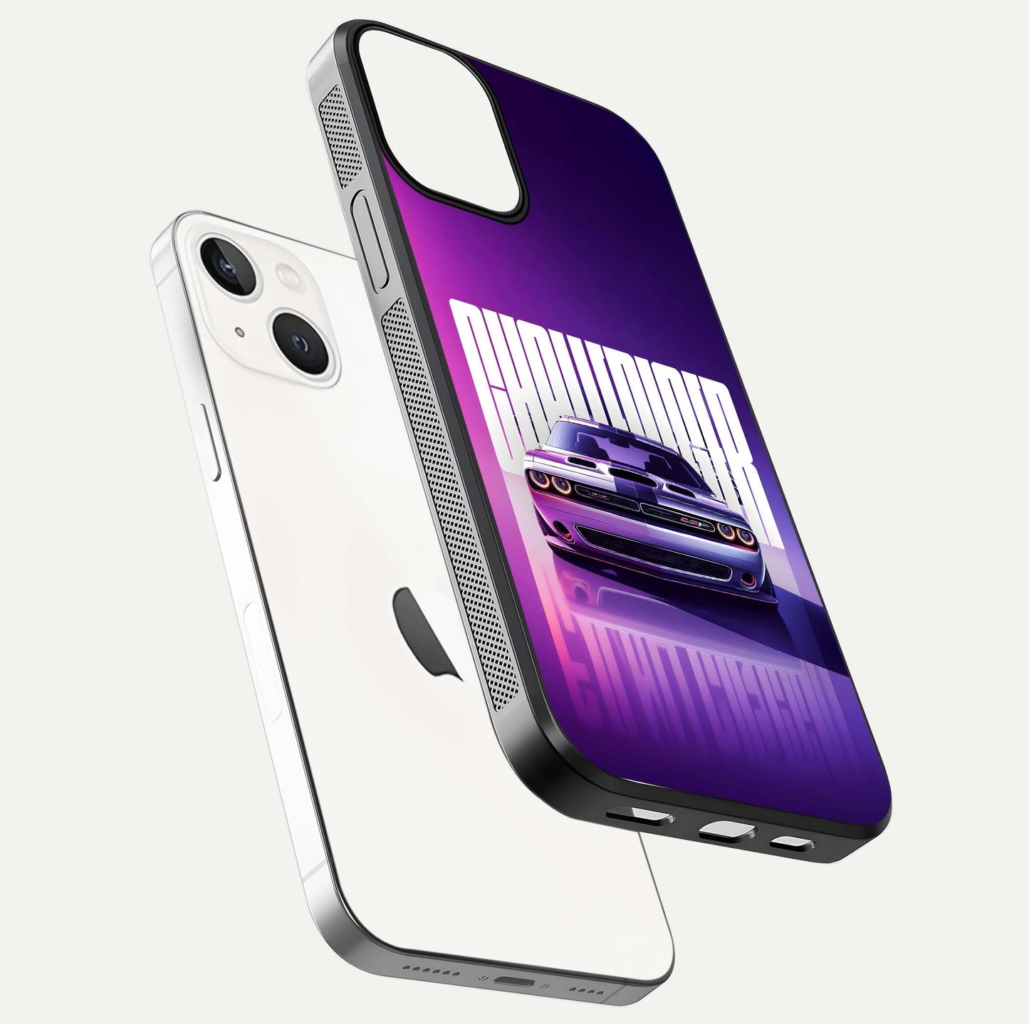 Midnight Muscle Ride Glass Case for iPhone 13 Mini floating dual-view mockup showing glossy finish and shine depth