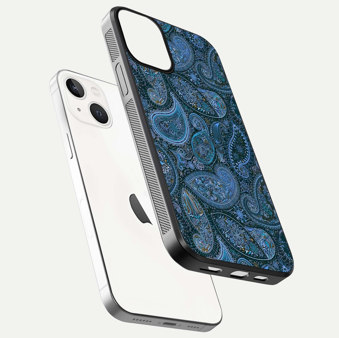 Midnight Paisley Glow Glass Case for iPhone 13 Mini floating dual-view mockup showing HD gloss and rich pattern