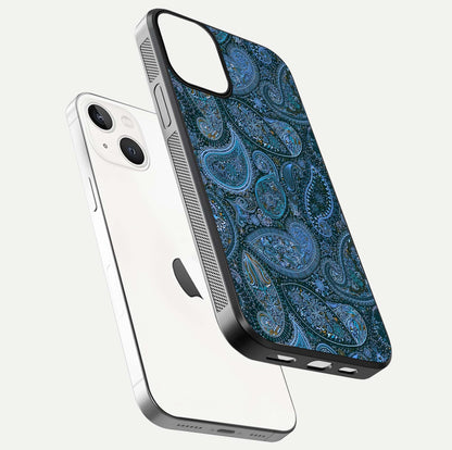 Midnight Paisley Glow Glass Case for iPhone 13 Mini floating dual-view mockup showing HD gloss and rich pattern