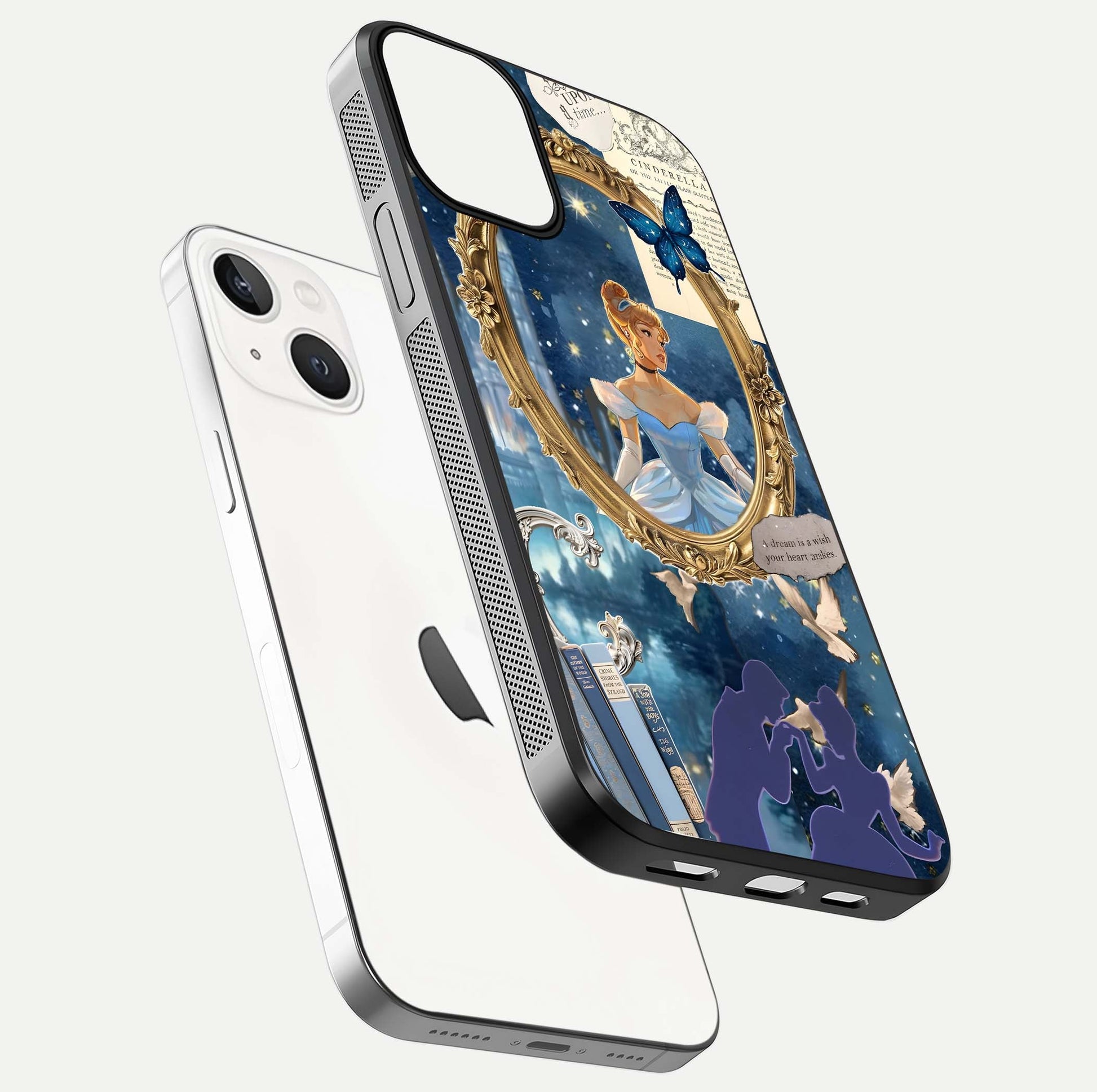 Midnight Queen Glass Case for iPhone 13 Mini floating dual-view mockup showing HD glass shine and luxury art