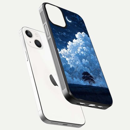 Midnight Sky Serenity Glass Case for iPhone 13 Mini floating dual-view mockup showing HD gloss and night shine