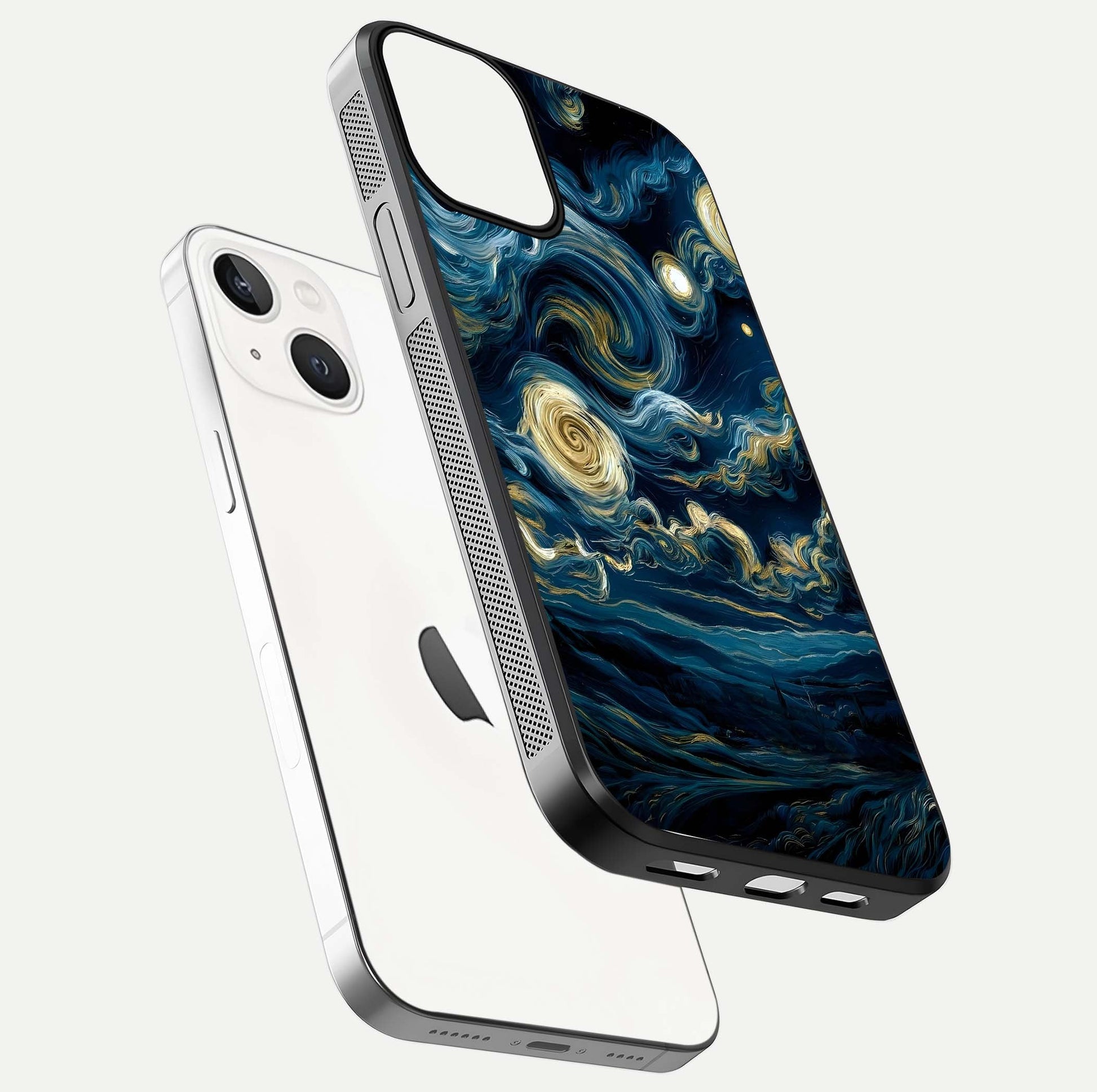 Midnight Sky Whirl Glass Case for iPhone 13 Mini floating dual-view mockup showing gloss texture and shine