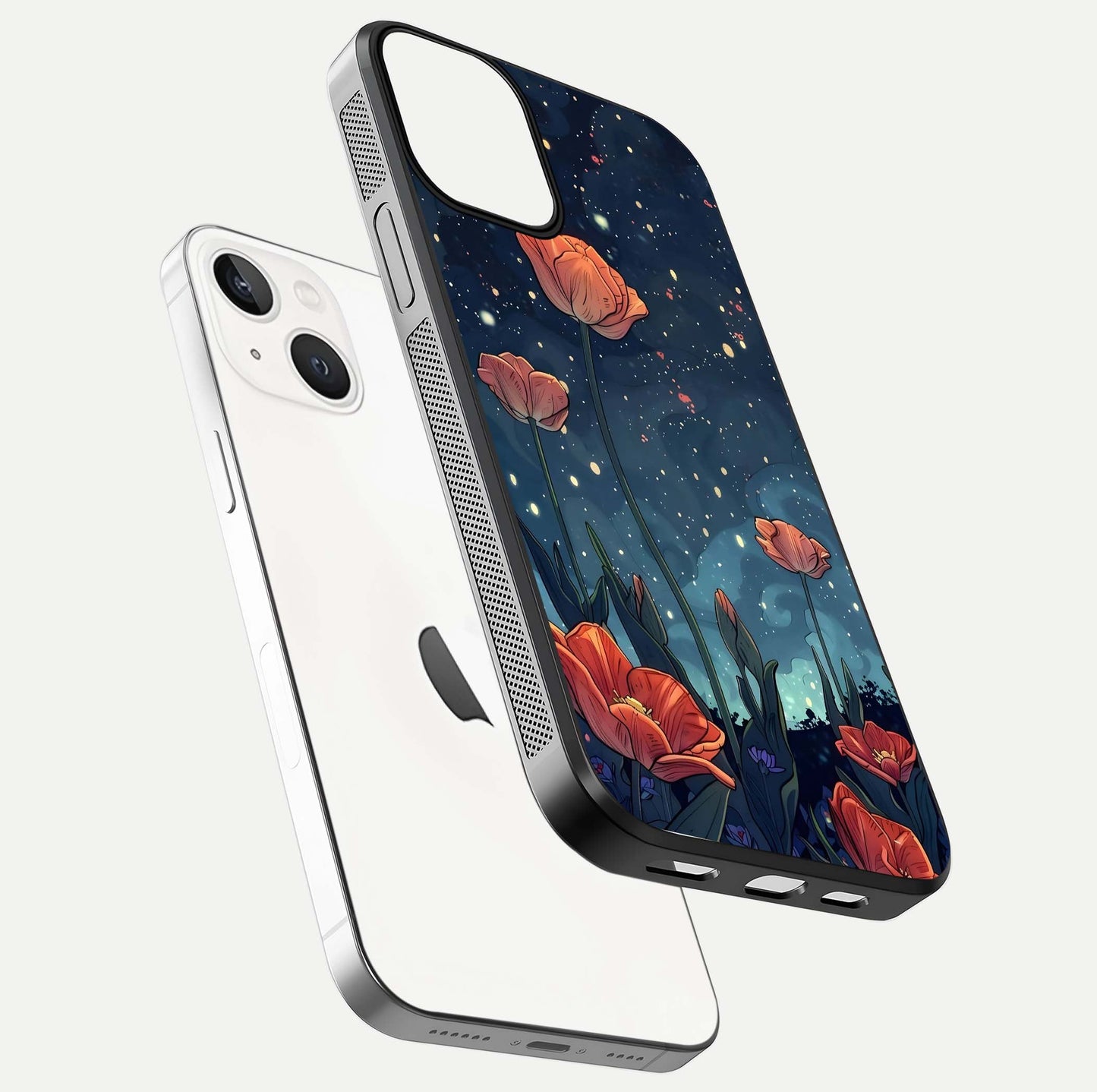 Midnight Tulip Glow Glass Case for iPhone 13 Mini floating dual-view mockup showing HD gloss and tulip tone