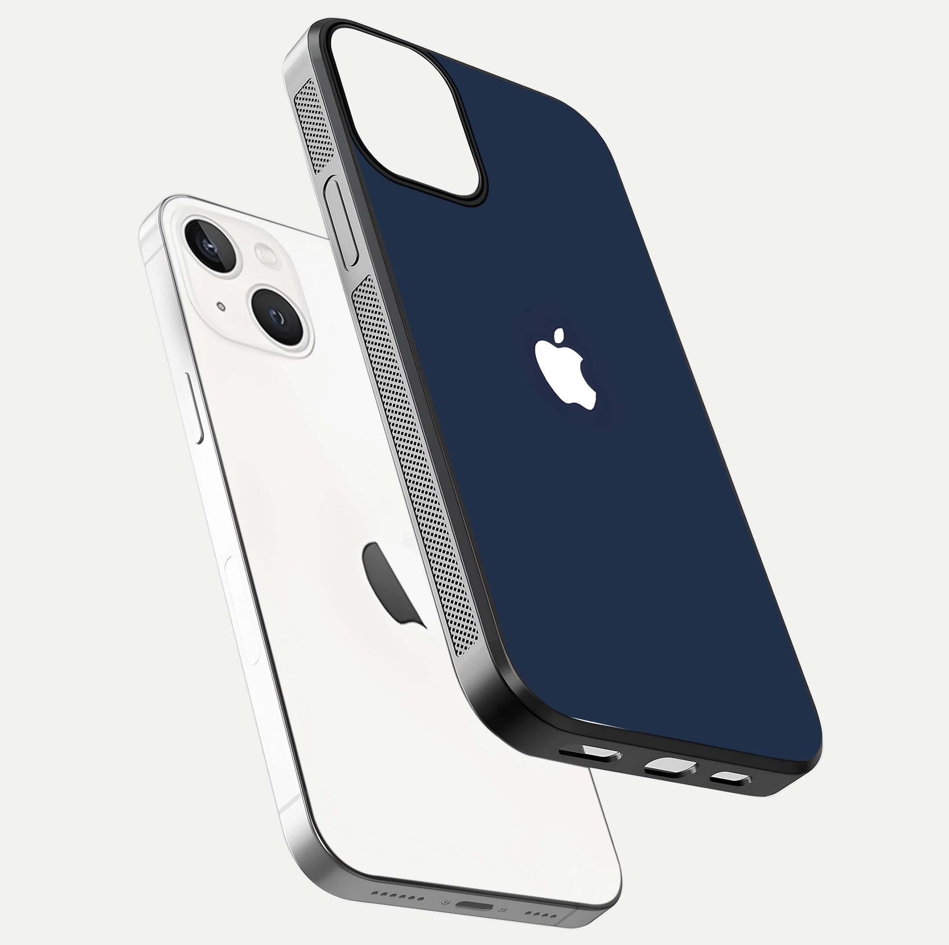 Minimal Apple Night Glass Case for iPhone 13 Mini floating dual-view mockup showing HD shine and minimal style