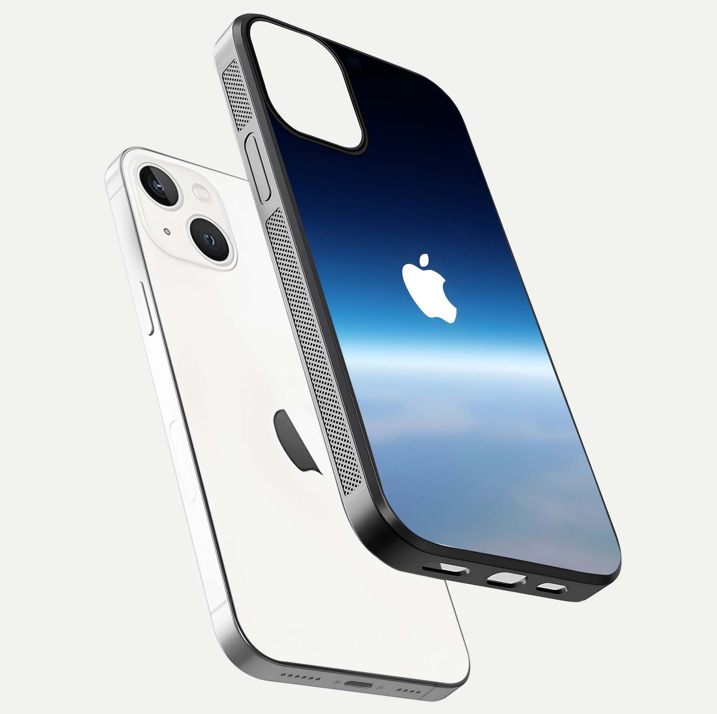 Minimal Apple Sky Glass Case for iPhone 13 Mini floating dual-view mockup showing HD gloss and Apple design