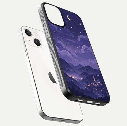 Minimal Night View Glass Case for iPhone 13 Mini floating dual-view mockup showing HD gloss and clean lines