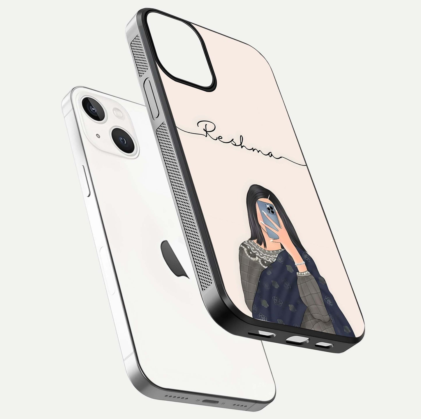Mirror Mood Muse Custom Name Glass Case for iPhone 13 Mini floating dual-view mockup showing reflection and luxury style
