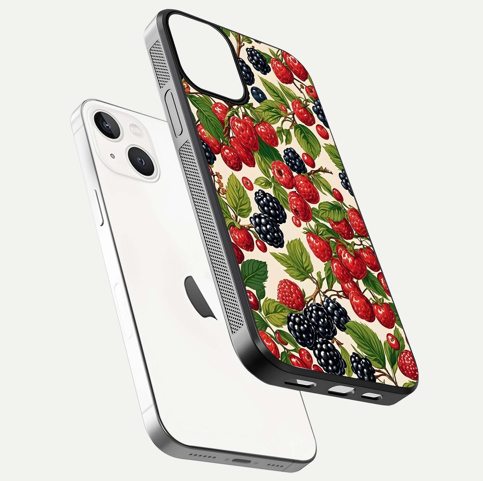 Mixed Berry Collage Glass Case for iPhone 13 Mini floating dual-view mockup showing gloss depth and vibrant design