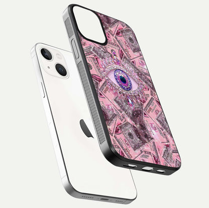 Money Eye Luxe Glass Case for iPhone 13 Mini floating dual-view mockup showing gloss surface and premium look