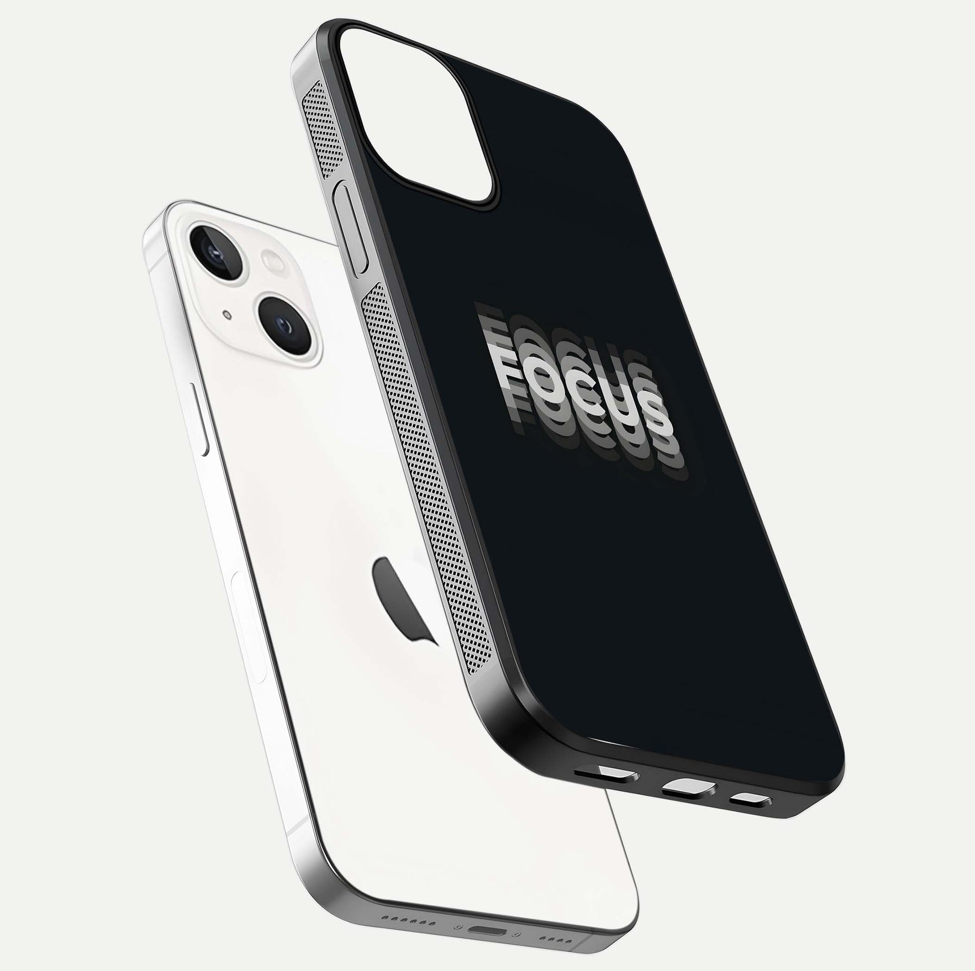 Mono Focus Vision Glass Case for iPhone 13 Mini floating dual-view mockup showing HD gloss and elegant simplicity