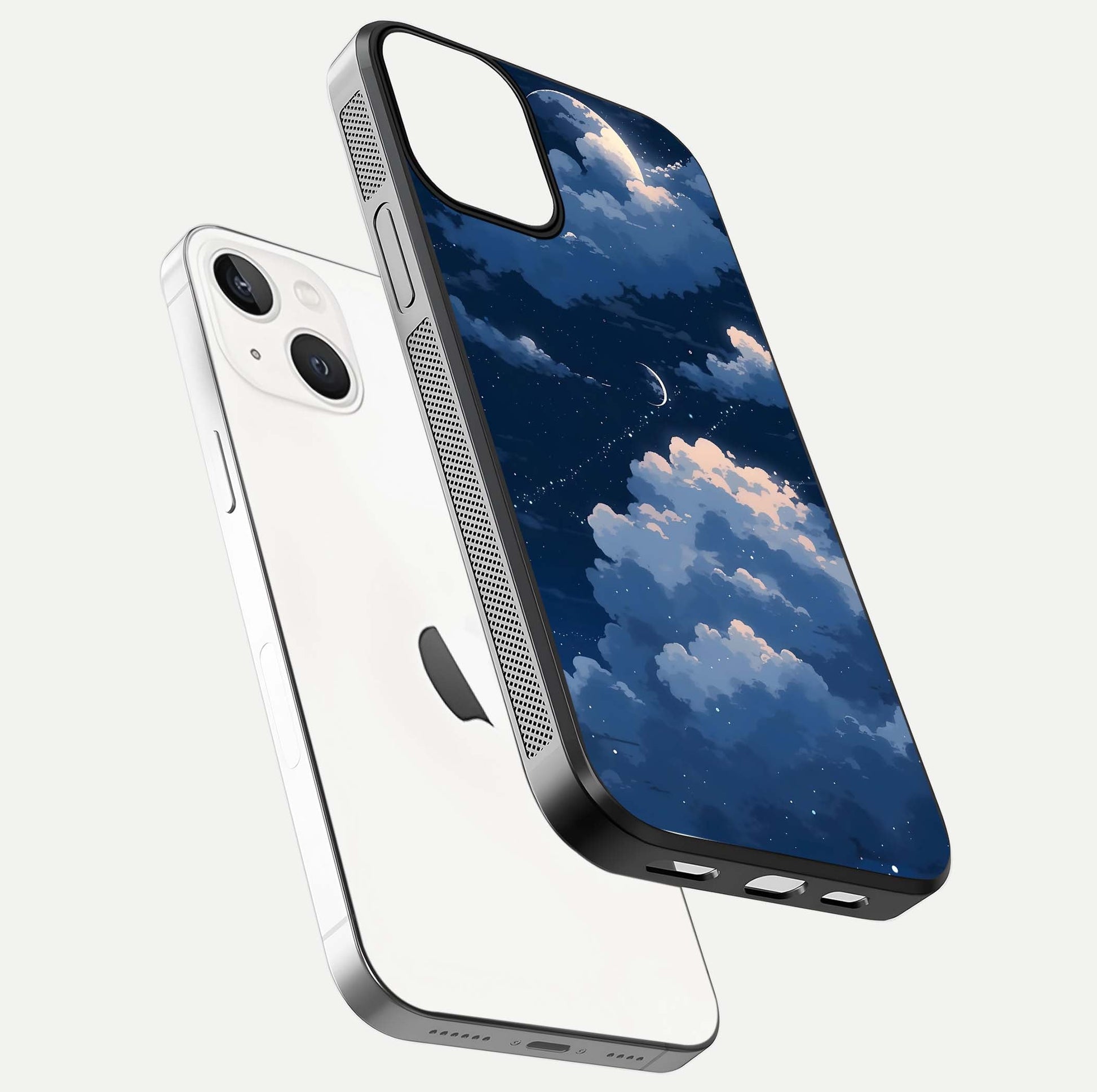 Moon Dream Haze Glass Case for iPhone 13 Mini floating dual-view mockup showing gloss texture and calm tones