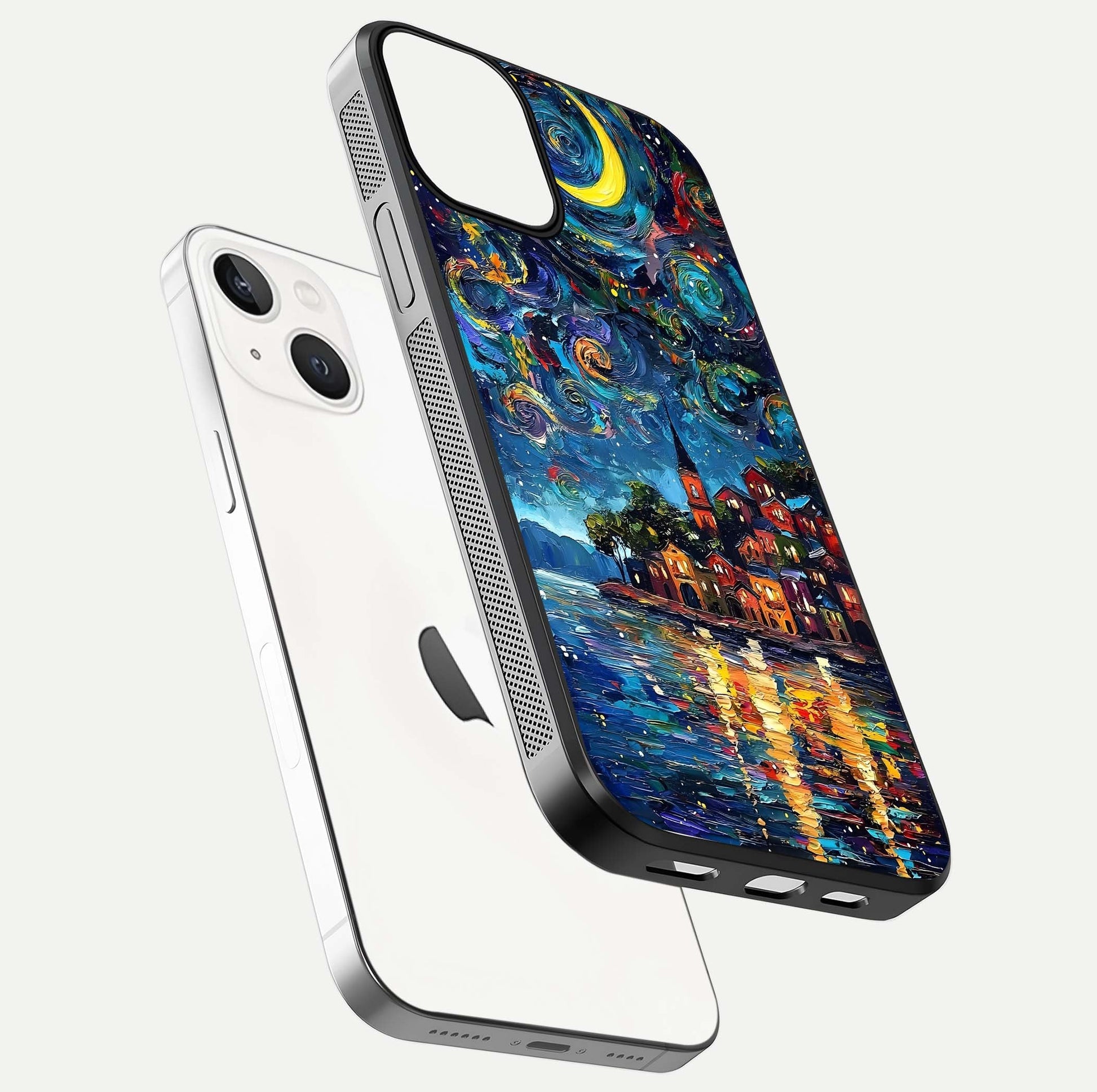 Moonlight Harbor Glow Glass Case for iPhone 13 Mini floating dual-view mockup showing gloss brightness and glow