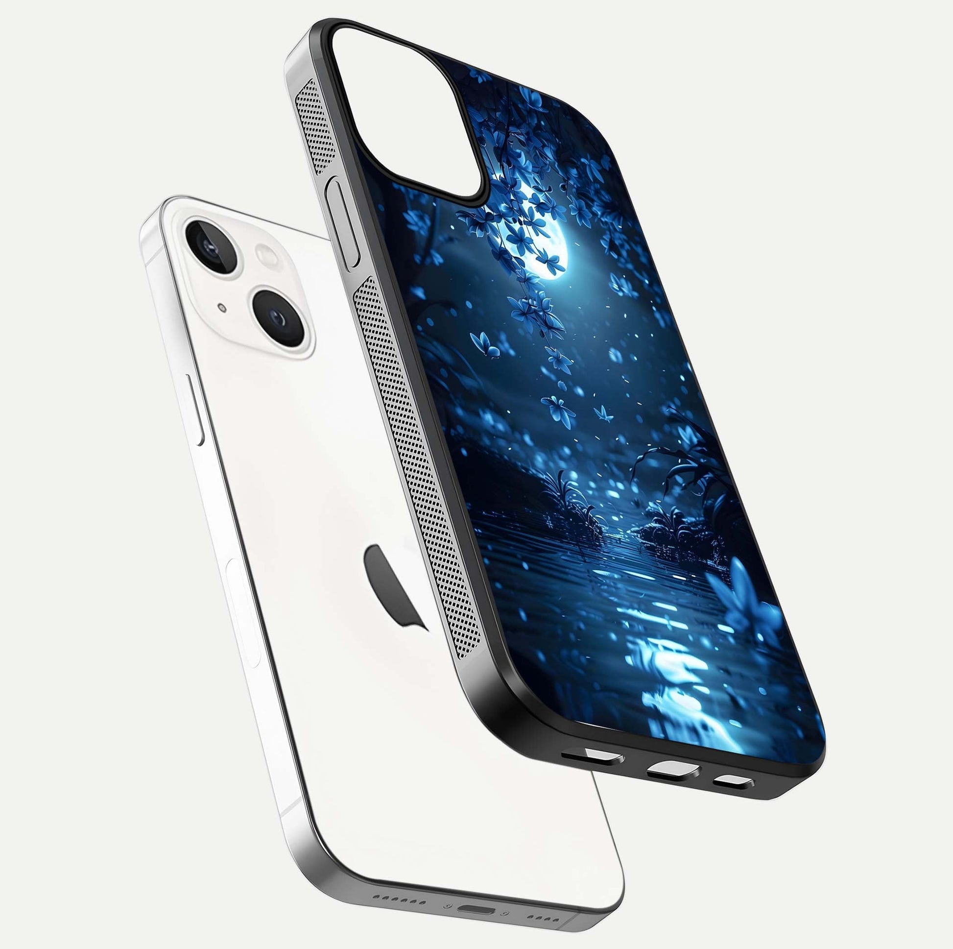 Moonlight Petal Dream Glass Case for iPhone 13 Mini floating dual-view mockup showing HD gloss and dreamy art