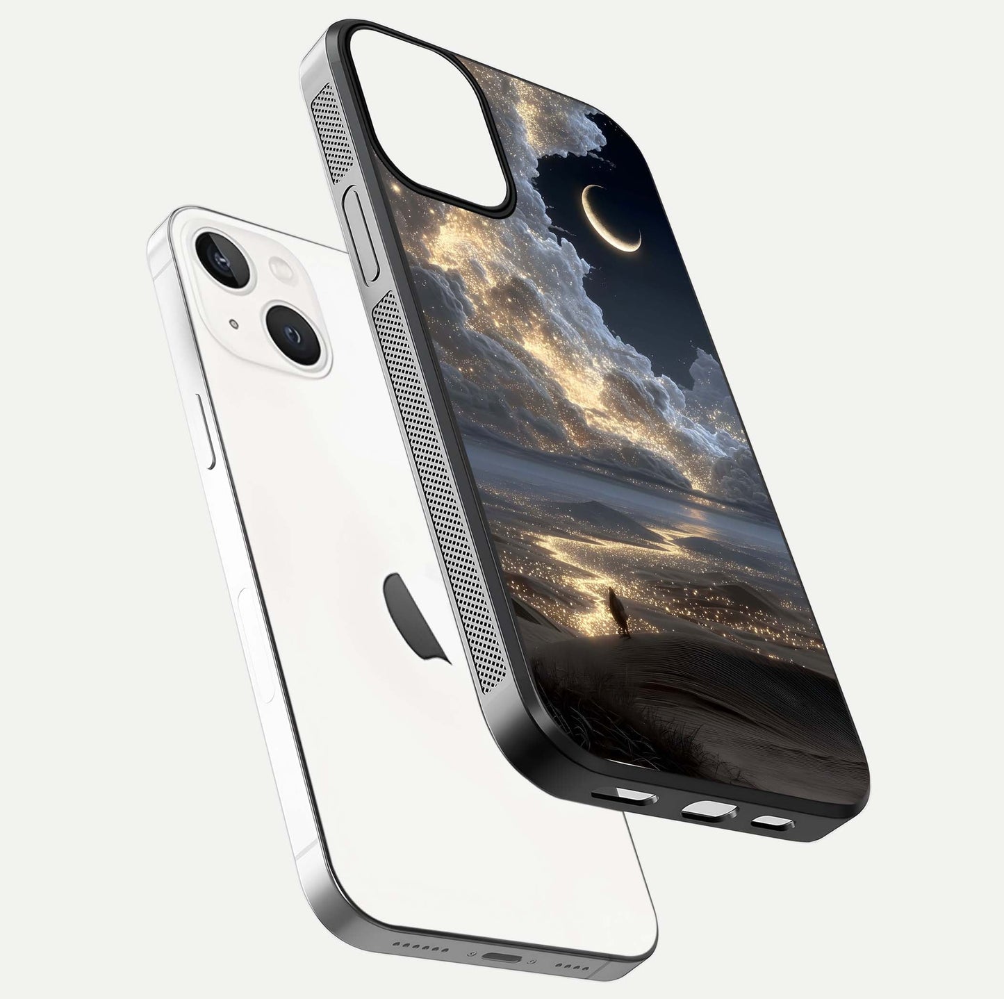 Moonlight Spark Path Glass Case for iPhone 13 Mini floating dual-view mockup showing gloss finish and shine depth